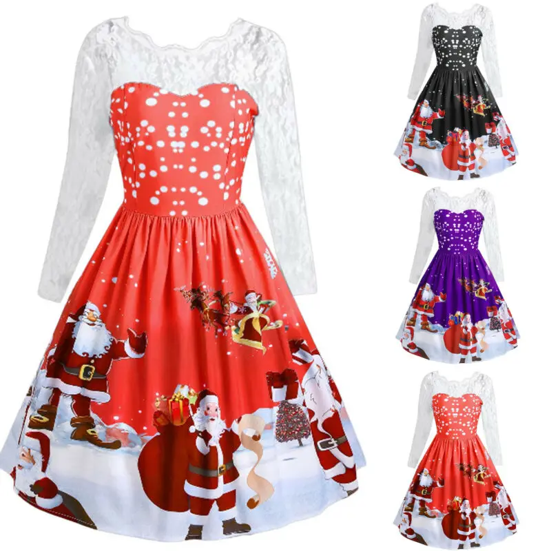Sleeve Swing Christmas Lace Print Dress Back V-neck Vintage Ladies Tree Snowflake | Женская одежда