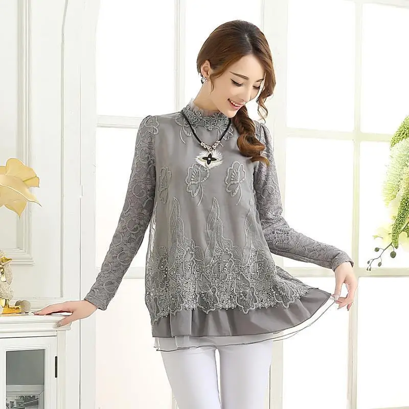 Big Size Loose For 2018 Clothes Spring Autumn Winter women Korean Turtleneck Pullover Chiffon Largas Long Sleeve Lace Blouse |