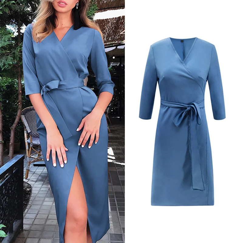 Женское офисное платье одноцветное сексуальное с v образным вырезом и рукавом до
