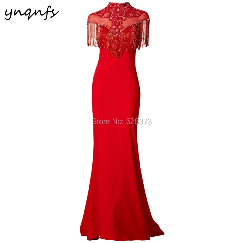 

YNQNFS Custom Made Robe Soiree Dubai Crystal Dress Vestido Formal Luxury High Neck Red Mother of the Bride/Groom Dresses M28