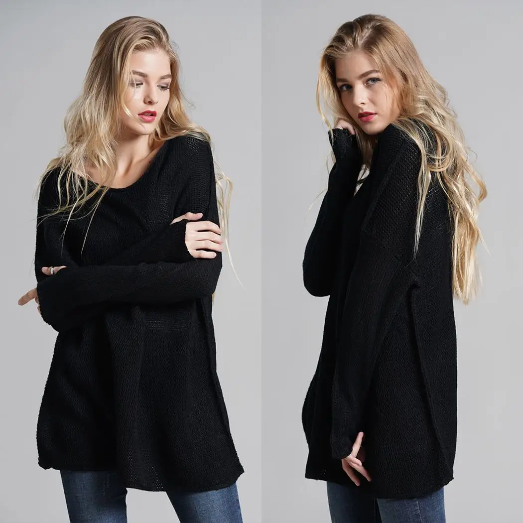 Women Casual O-Neck Long Sleeve Solid Autumn Winter Loose Pullover Dark Red Gray Black Blue Sweater | Женская одежда