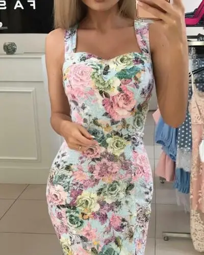

2019 New Fashion Women Sexy Flower Print Dress Bandage Bodycon Sleeveless Evening Party Club Wear Casual Short Dress