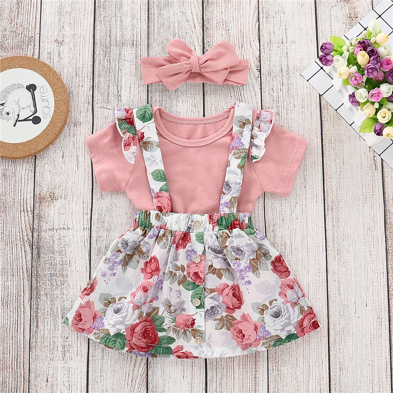 

2019 Emmababy New Toddler Baby Girl Summer Pink Tops Romper+ Floral Skirt+Headband Outfits Set 3PCS Clothes