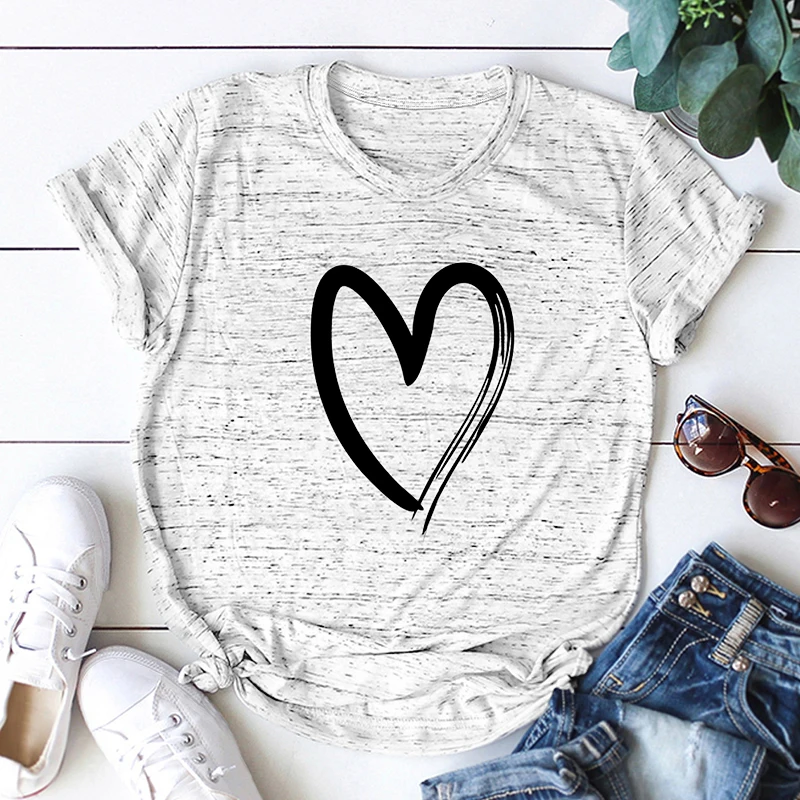 2020 Summer T shirt Women Cotton tshirt 3XL 4XL 5XL Plus Size Shirts Heart Love Print O Neck Short Sleeve Casual Cute Tee Tops | Женская