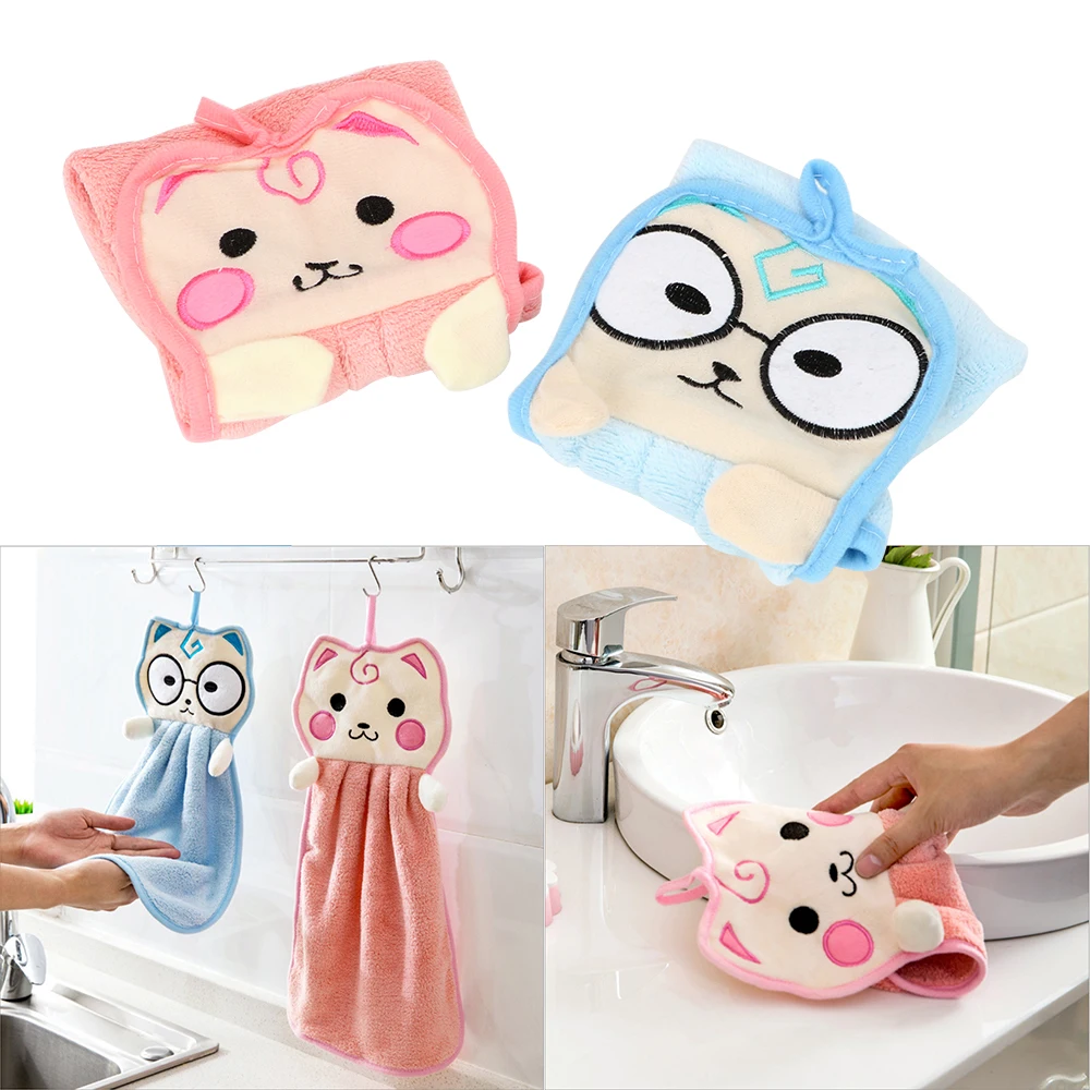 

Eco-friendly Dishcloths Handkerchief Cute Cartoon Cat Hanging Hand Towels Water Absorption Cloth Candy Color Polyester No Lint