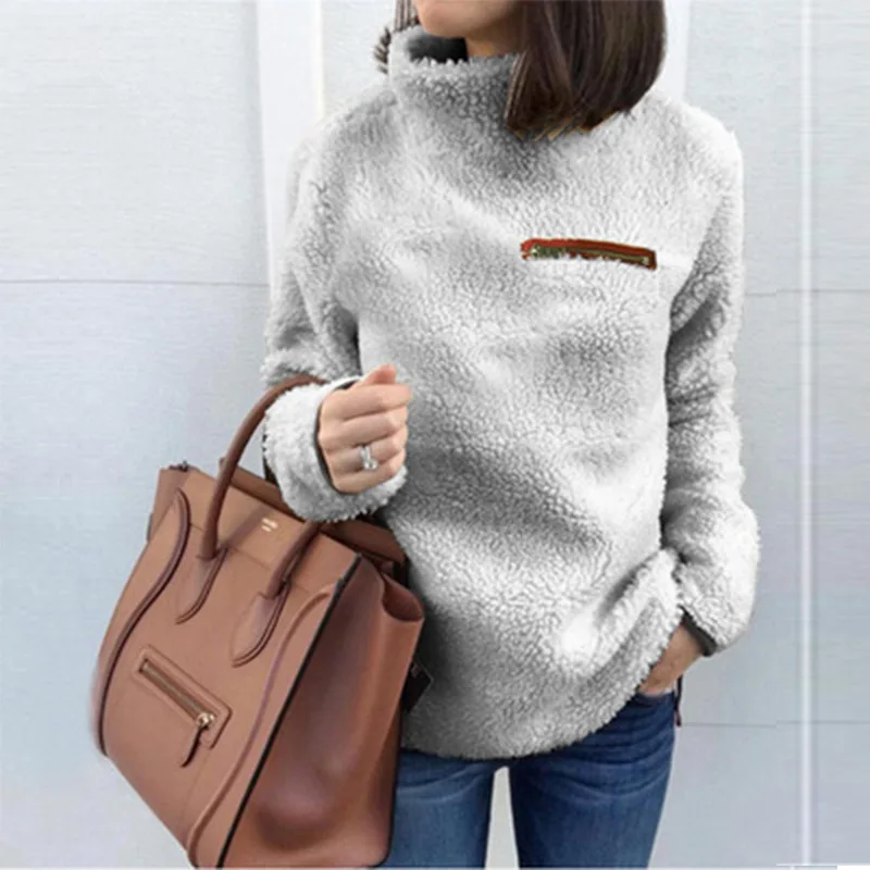 

Winter Turtleneck Faux Fur Hoodies Women Autumn Warm Thick Plush Sweatshirts Female Turtleneck Solid Causal Fur Pullover