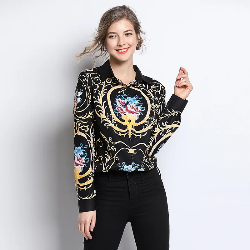 

2019 newest spring summer designer runway blouse flower women shirt Office OL elegant party black tops