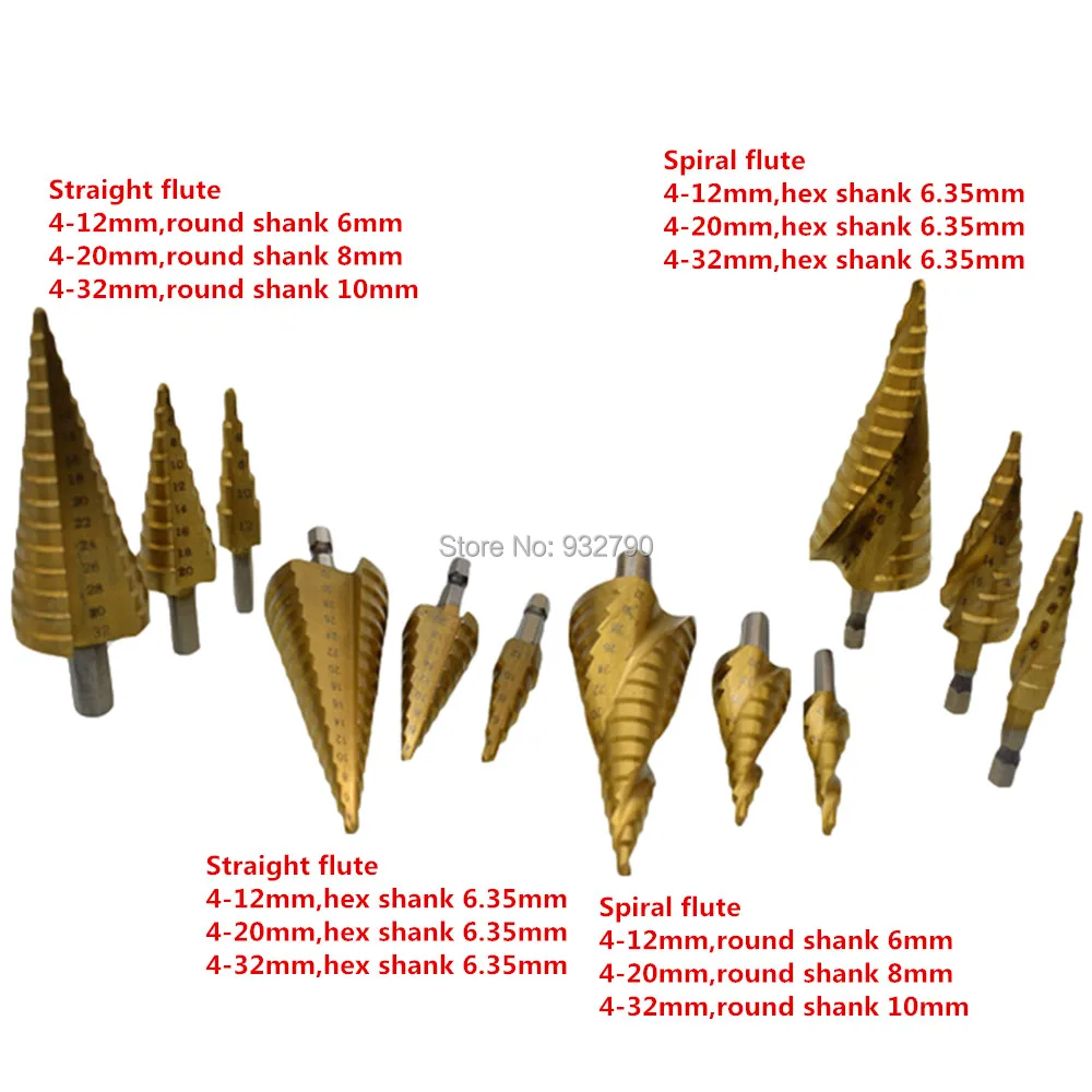 

12pcs Hss Step Drill Bit Tool Set Cone Cutter Hole Saw 4-12mm 4-20mm 4-32mm Titanium Coared High Speed Steel Step Cone Drill Bit