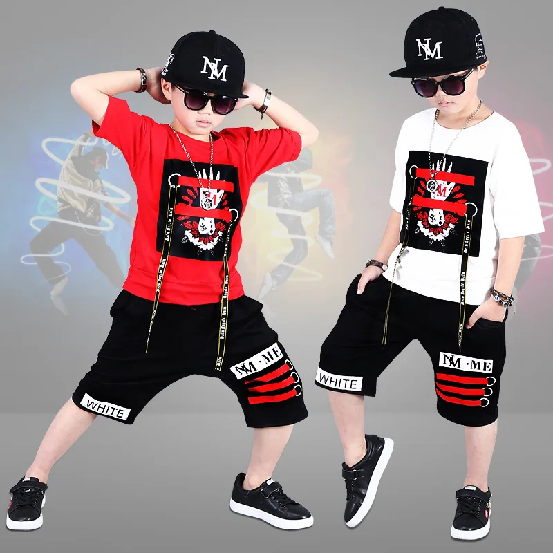 2018 New Children's Cool Hip Hop Dance Clothes Set Kids Performance Cotton Short Sleeve Pattern Belt T-shirt+Short Pants Suits | Детская