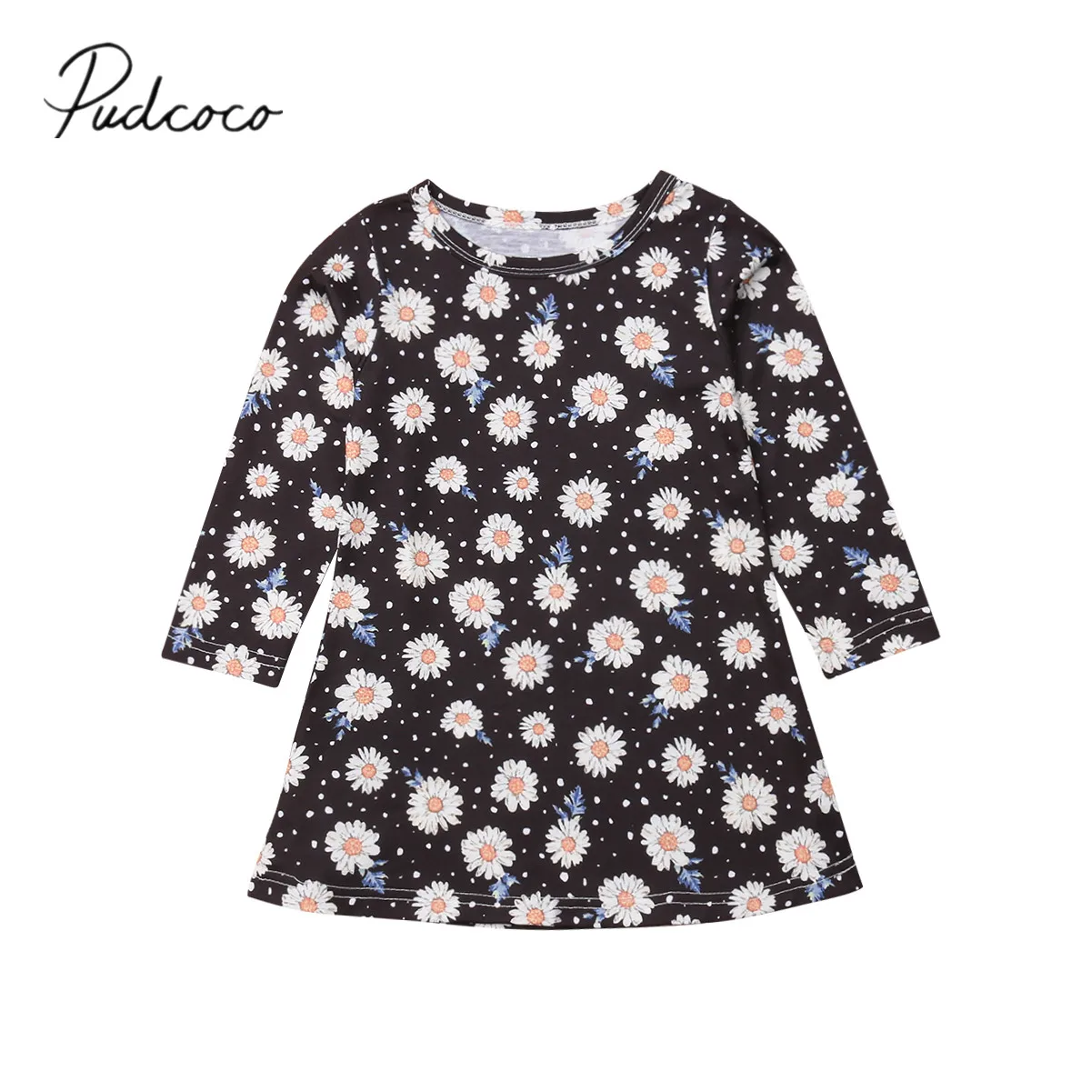 2018 Brand New 1-6Y Toddler Kids Baby Girls Daisy Dress Autumn Clothes Sunflowers Print Long Sleeve Knee-Length A-Line | Детская одежда