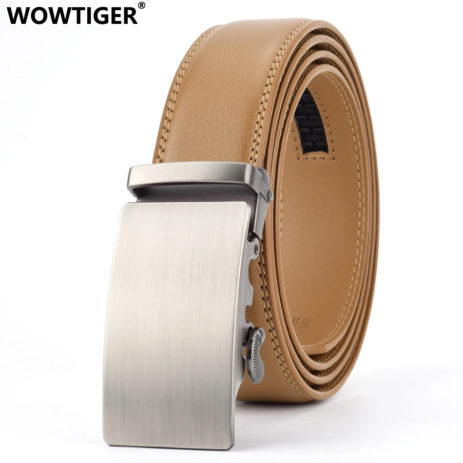 WOWTIGER-Cinturón de cuero de vaca marrón claro para Hombre, marca de alta calidad, trinquete automático, Cinturones de lujo, 35mm