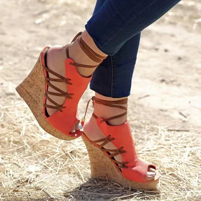 

Real Photo Women Orange Blue Suede Leather Peep Toe Sandals Ankle Lace Up Hollow Out Fringed Wedge Sandals Platform Party Shoes