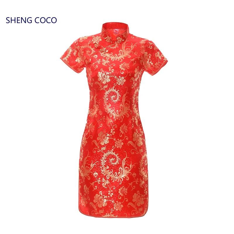 Женское атласное платье Ципао SHENG COCO красное короткое с цветочным рисунком