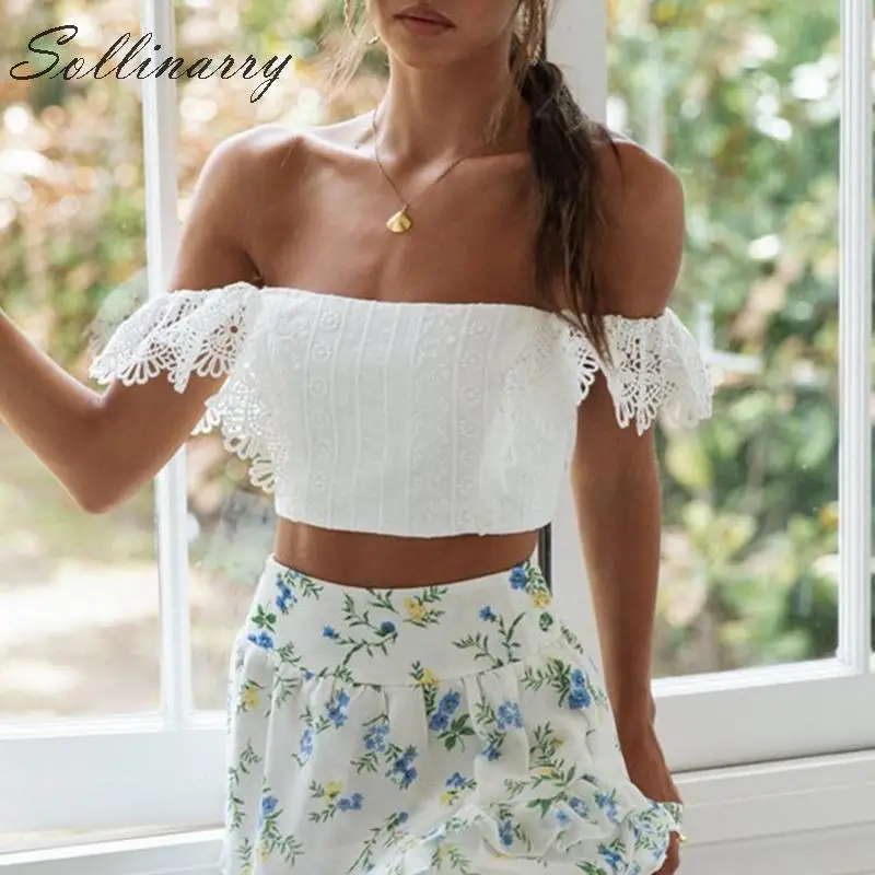 Sollinarry/белые укороченные топы с открытыми плечами для женщин кружевные