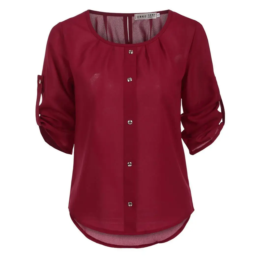Fashion Women Lady Loose 3/4 Sleeve Casual Blouse Shirt Tops Spring Autumn Pullover Button Solid Regular Round Collar |