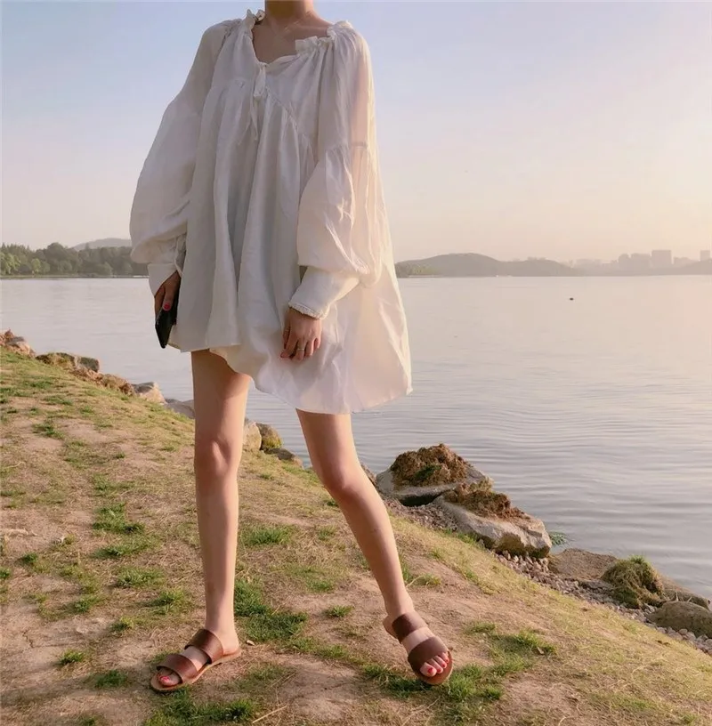 2019 New V Neck Lantern Sleeve Mini Shirt Dress Women Sweet Long Lace Up Summer Casual Solid Dresses | Женская одежда