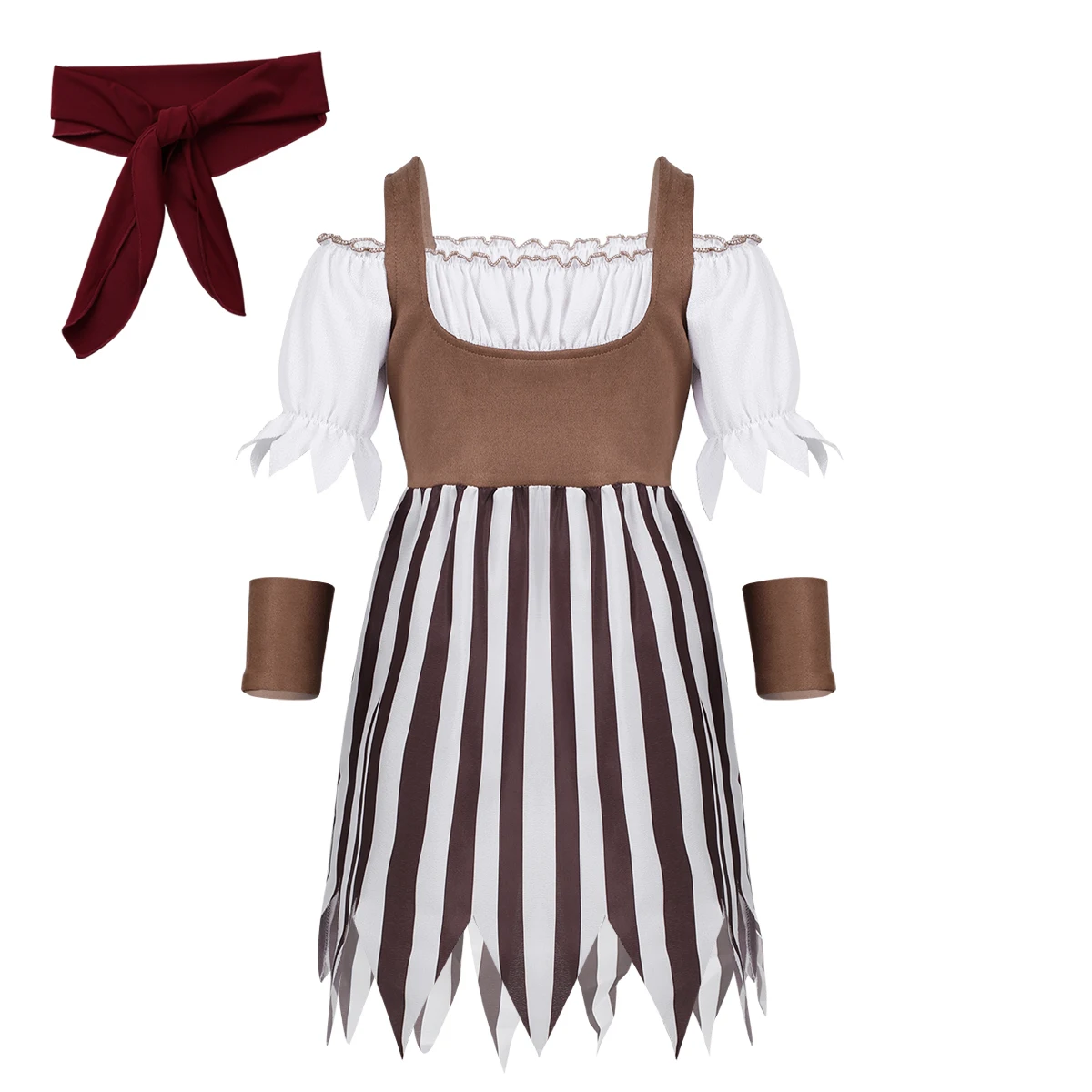 TiaoBug Girls Pirate Costume Short Sleeve Off Shoulder Dress with Head Scarf Wristband Kids Carnival Halloween Cosplay Party Set |
