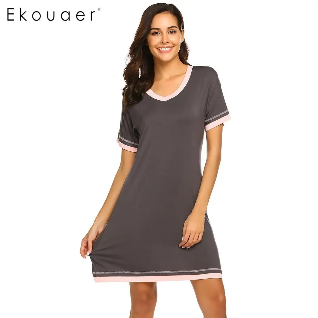 Ekouaer Women Cotton Nightgown Sleep Dress Short Sleeve Loose Nightdress Home Nightwear Ladies Cozy Chemise Sleepshirts | Женская одежда