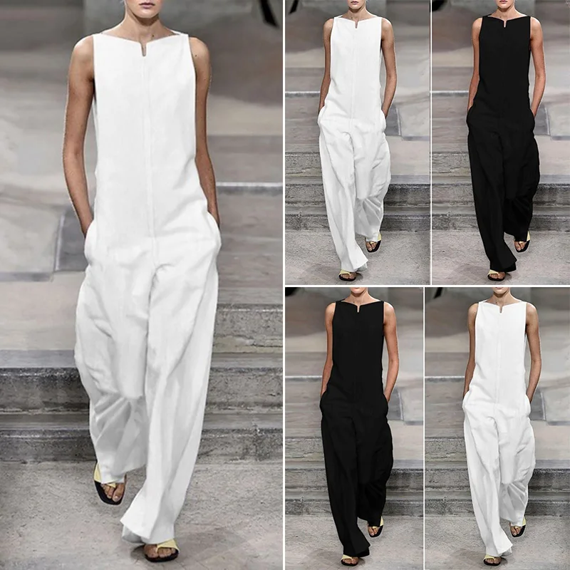 Женский комбинезон без рукавов с карманами вырезом лодочкой свободный