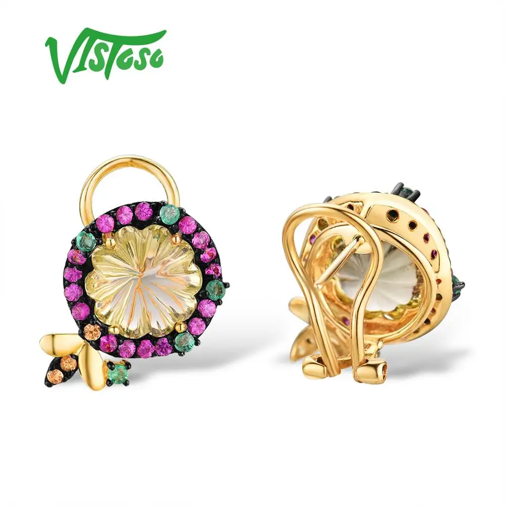 VISTOSO золотые серьги для женщин из натуральной 14K 585 желтого золота Элегантный розовый цветок прекрасная пчела Блестящий сапфир кварцевые ювелирные изделия
