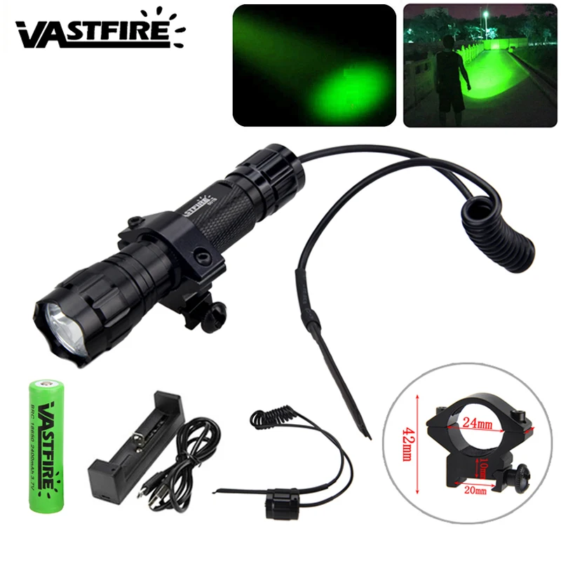 

5000lm Q5 LED Rechargeable Flashlight Green/Red/Violet Rifle Linterna Torch+Gun Mount+18650+Pressure Switch+USB Charge