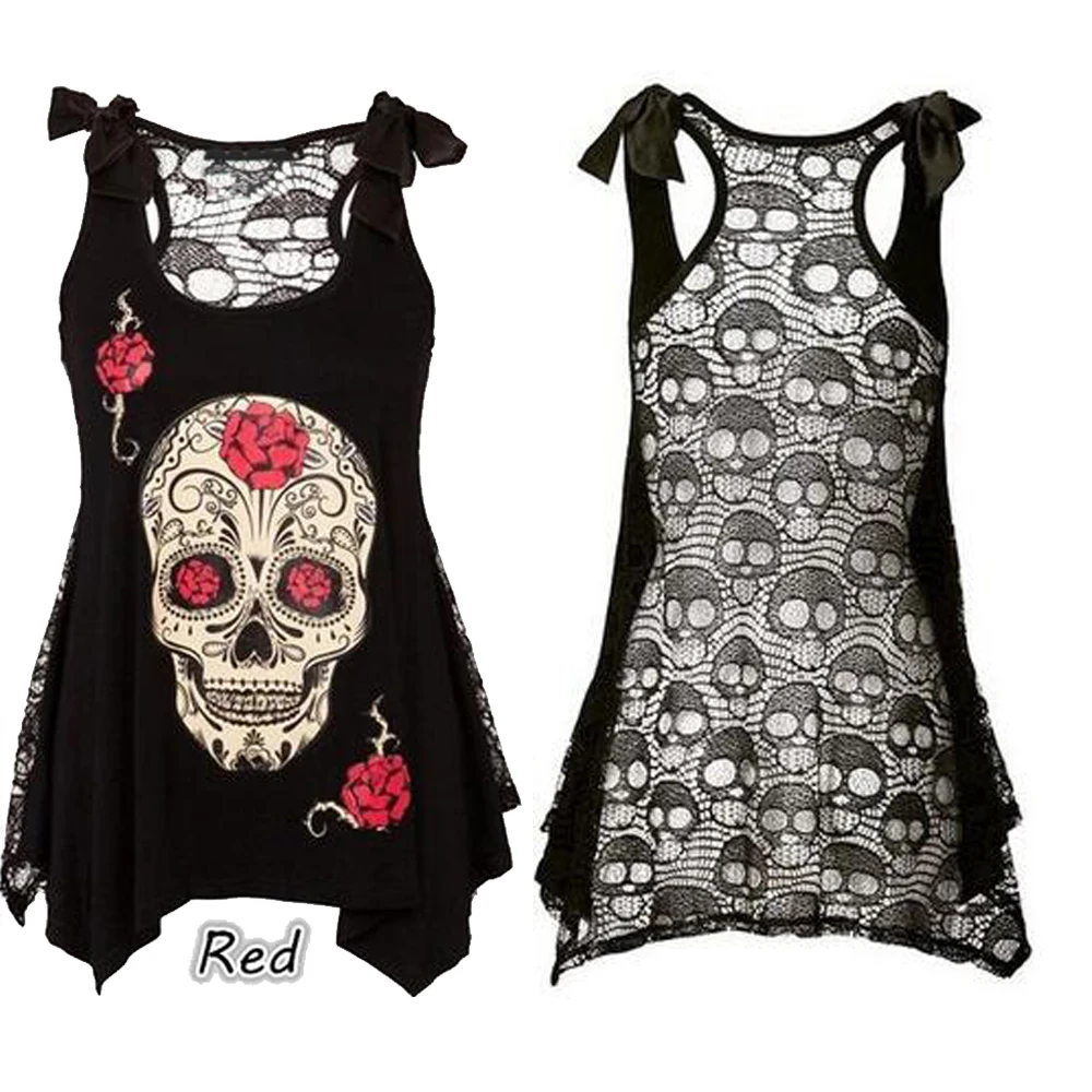 Wipalo Plus Size 3D Skull Print Sleeveless Punk Tee Shirt Lace Hollow Out Casual Female Women Fashion Girl Lady Tops 5XL|Футболки| |