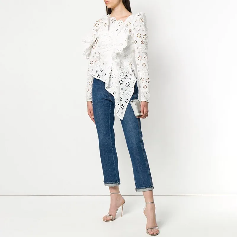 Женская блузка с открытыми плечами TWOTWINSTYLE осенняя Асимметричная пышными