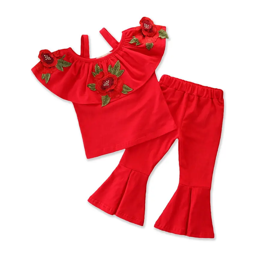 Fashion Toddler Kids Baby Girl Clothing Set Off shoulder Embroidery Flower Tops Flared Pant Bell Bottom 2PCS Girls Clothes | Детская