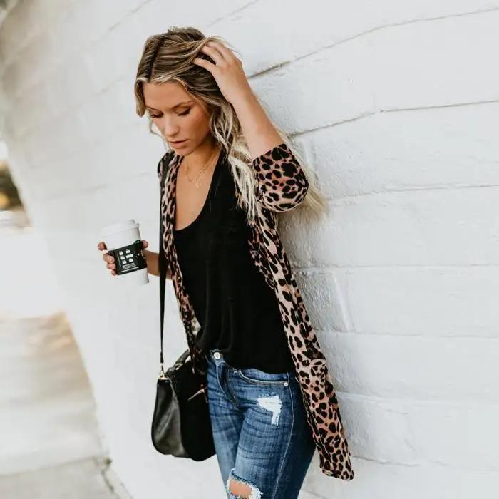 Women Casual Long Sleeve Leopard Print Button Open Front Cardigan Street Outdoor etc Spring Autumn Pocket |