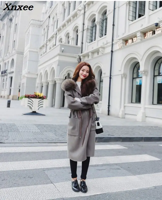 

Women long double woolen coat long sleeve loose overcoat with hooded outerwear female winter autumn trench coats plus size Xnxee