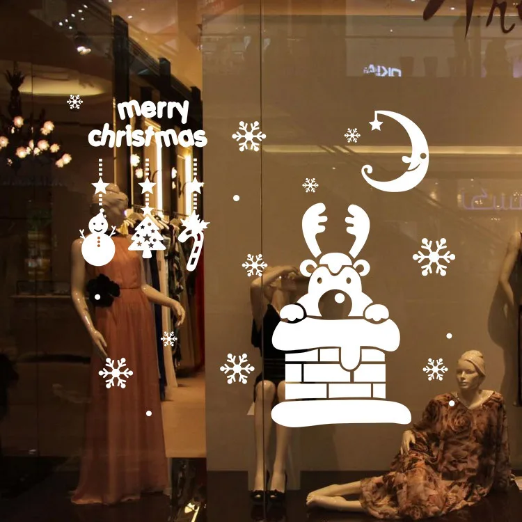 Cartoon Deer Snowflake Merry Christmas Wallpaper Sticker PVC Happy New Year Mural Art Kids Rooms Window Decor | Дом и сад