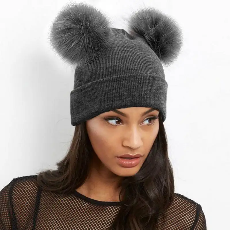 Женская вязаная шапка с искусственным мехом и двойными шерстяными шариками, имитация лисицы, с закругленным верхом, теплая.