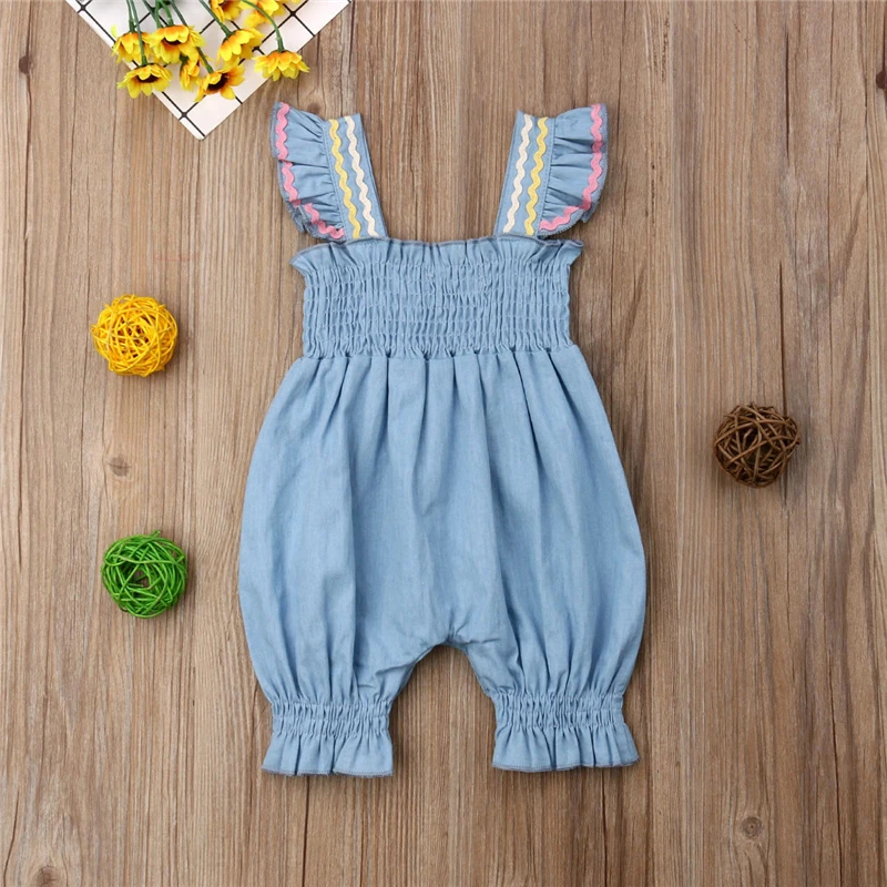 Детский комбинезон для девочек повседневный однотонный с рукавами крылышками и