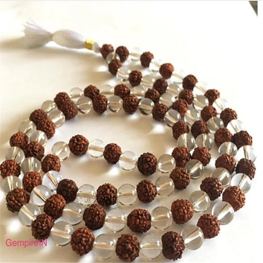 8 мм прозрачный белый кристалл Rudraksha кисточкой ожерелье счастливое Исцеление