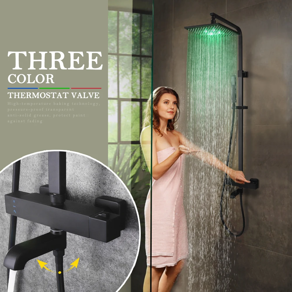 

SKOWLL Shower System Wall Mount LED Shower Faucet with 3 Function Thermostatic Valve, SK-9108B Matte Black