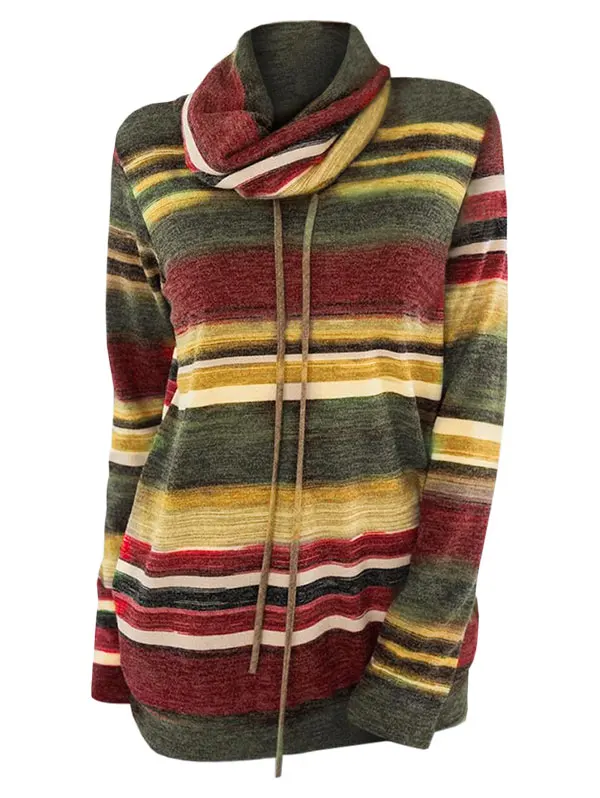 Wipalo Drawstring Collar Striped Knitwear Women Sweater Casual Cowl Neck Long Sleeve Pullover Sweaters Ladies Tops Fall Jumpers | Женская