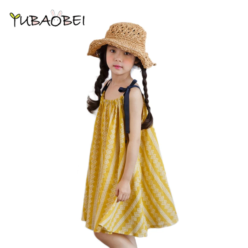 

2020 Baby Girls Cotton Loose Beach Braces Dress Summer Children's Clothing Fashion Flower Stripe Yellow Dress Kids Clothes