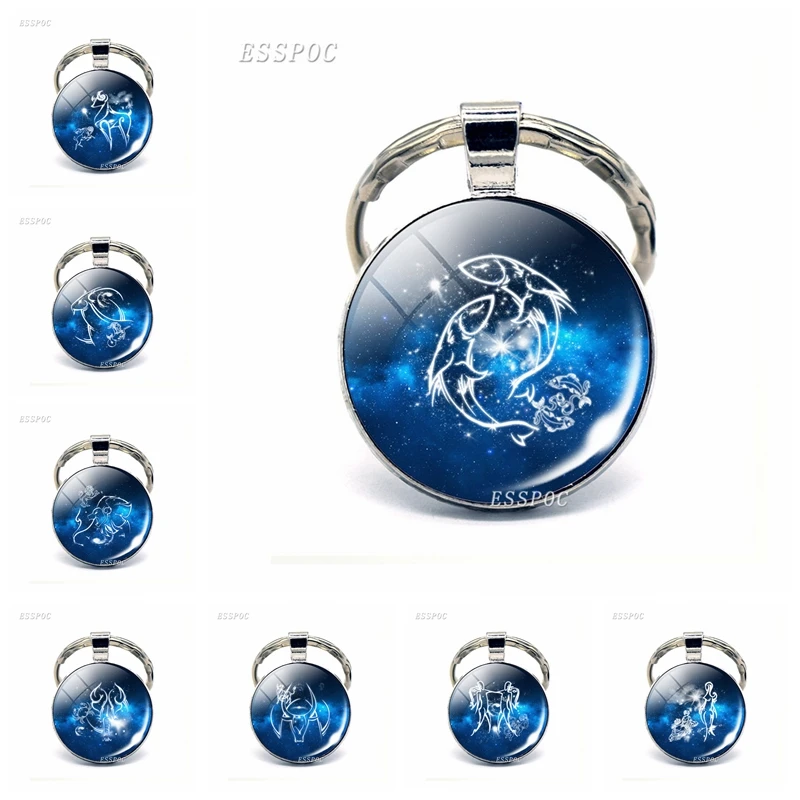 

Cute Cabochon Zodiac Signs Keyrings Aries Leo Constellations Keychains Virgo Pisces Key Chains Rings Pendant Women Birthday Gift