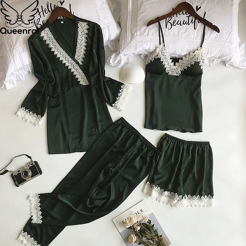 Queenral 4 шт. пижамы для девочек женщин сна Lounge атласные Pijama Весна Домашняя одежда