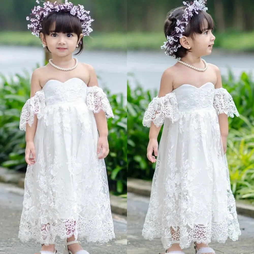 2019 New Toddler Kid Baby Girl Summer Dress Lace Flower Princess Party Pageant Dresses Strapless White Wedding 2-7T | Детская одежда и