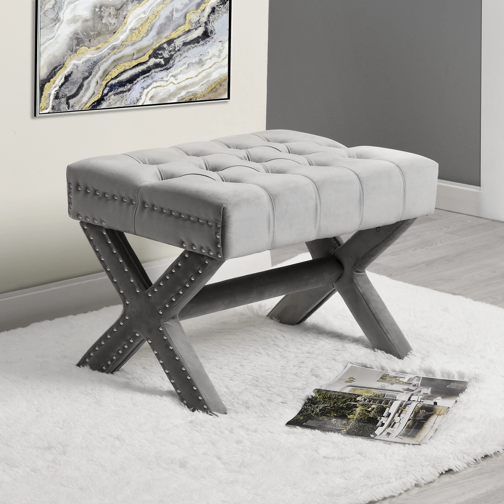 Emma Velvet Button Tufted Ottoman-X-Legs | Серебряная отделка Nailhead современный и функциональный