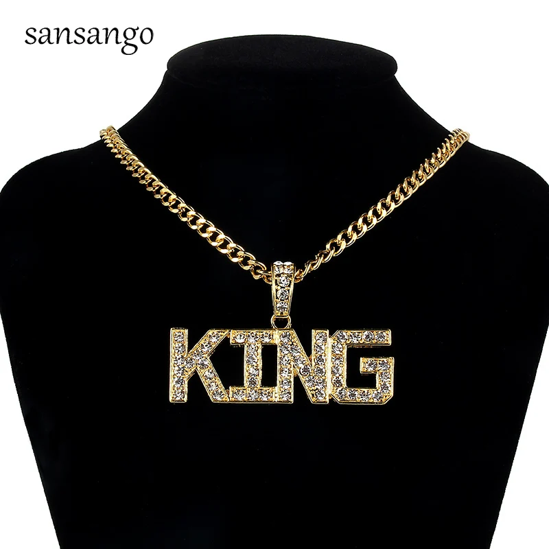 

Crystal Alloy KING Pendant Necklace Golden Bling Jewelry Gift For Women Men Punk Chain Necklaces Fit Party Gathering