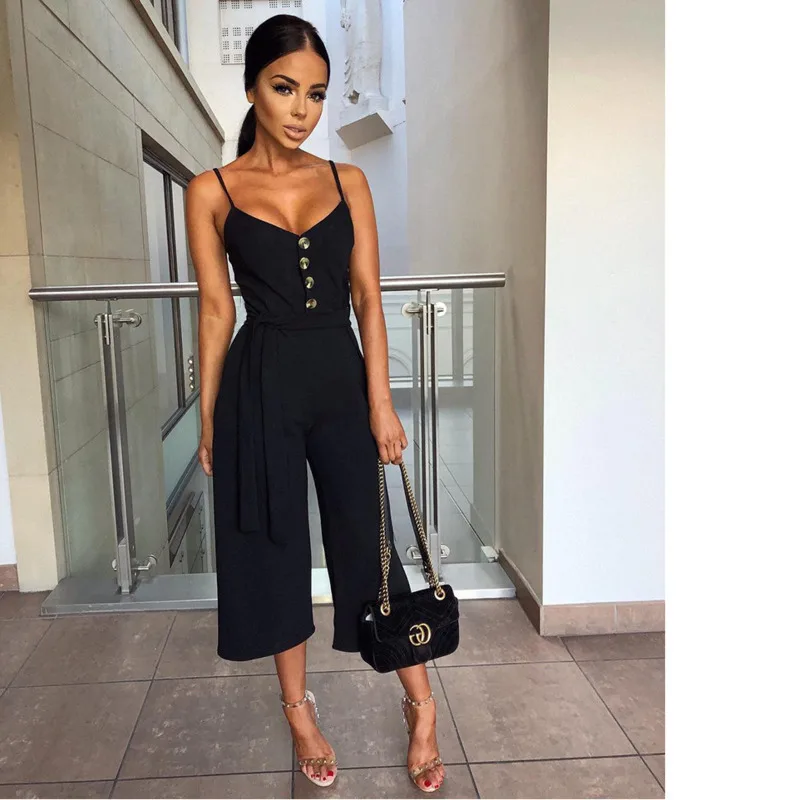 

Summer V Neck Button Sexy Jumpsuit Sleeveless Camisole Bandage Bow Tie Overalls For Women Monos Cortos De Mujer Ez*