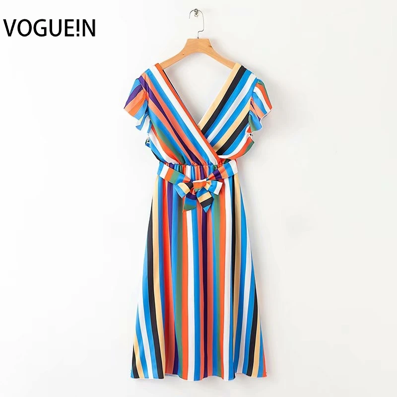 VOGUEIN Новое Женское летнее красочное Полосатое платье с поясом сексуальное миди v