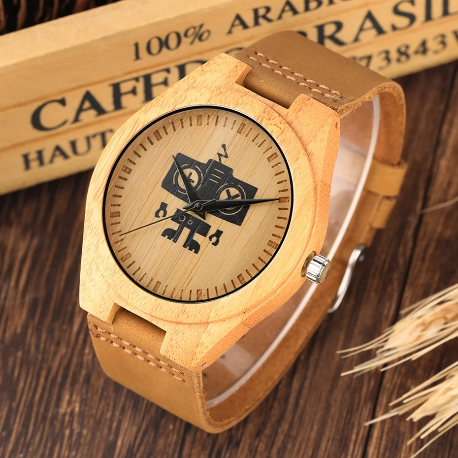 

Black Robot Dial Wooden Mens Watches Natural Wood Analog Simple Bamboo Quartz Wrist Watches Clock for Men Women Reloj de madera