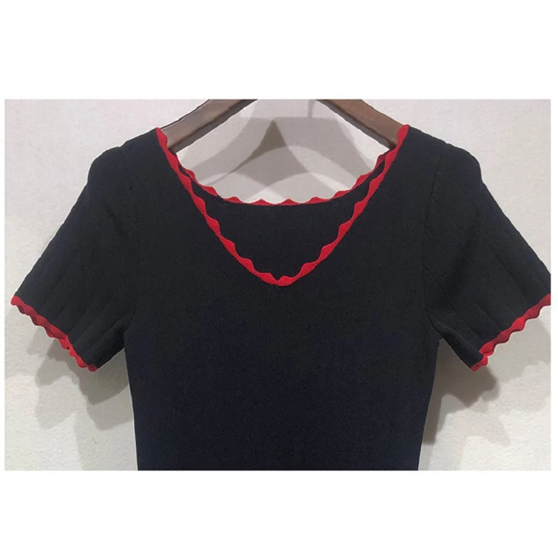 

High Quality Hit Color V-neck Chic Women Mini Dress A-line Short Sleeve High Waist Vintage Slim Knit Dress 2019 Summer Clothes