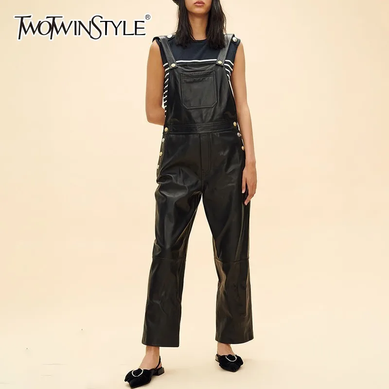 TWOTWINSTYLE из искусственной кожи комбинезоны для женщин Высокая талия черные