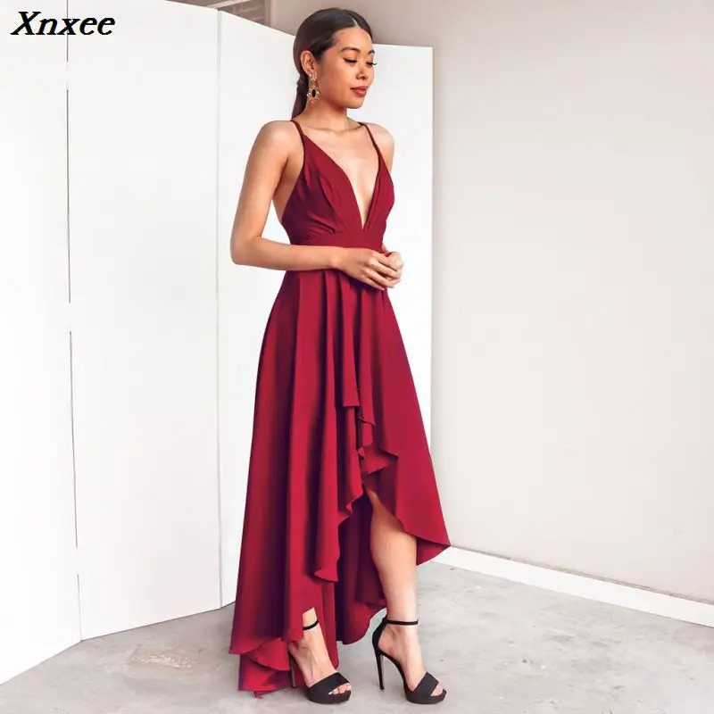 

New Pattern High Low Dresses Backless Criss-Cross Sexy V-neck Special Occasion Party Gown Cheap Robe De Soiree
