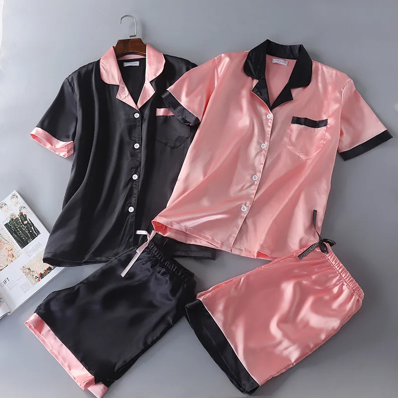 

New Satin Pajamas Turn-down Collar Short Sleeve Shorts Silk Pijama Mujer Solid Emulation Silk Sexy Pyjamas Women Pink Home Suit
