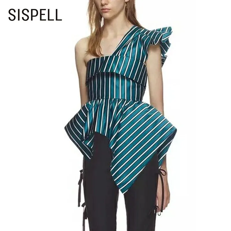SISPELL полосатые женские топы и блузки рубашки с открытыми плечами оборками